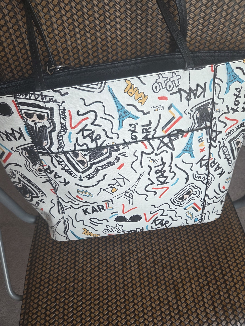 Karl Lagerfeld White Tote with Multicolor Graffiti Print